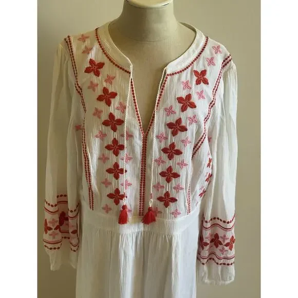 Boden Marla Embroidered Dress Womens 16 L White Gauze Midi Boho Tassels Beach - Picture 4 of 16